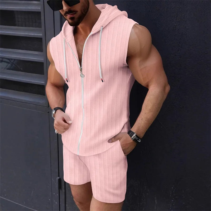 5 colors available for men's hooded sleeveless zipper plaid suit Slim fashion casual sports vest shorts two-piece set trendy top