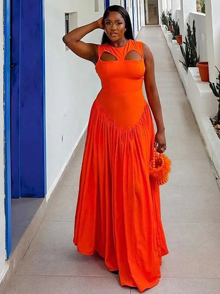 Long Summer Woman Dress Hollow Out Knitted Maxi Dress Beautiful Orange Dress for Women Elegant Party Wholesale Dropshipping