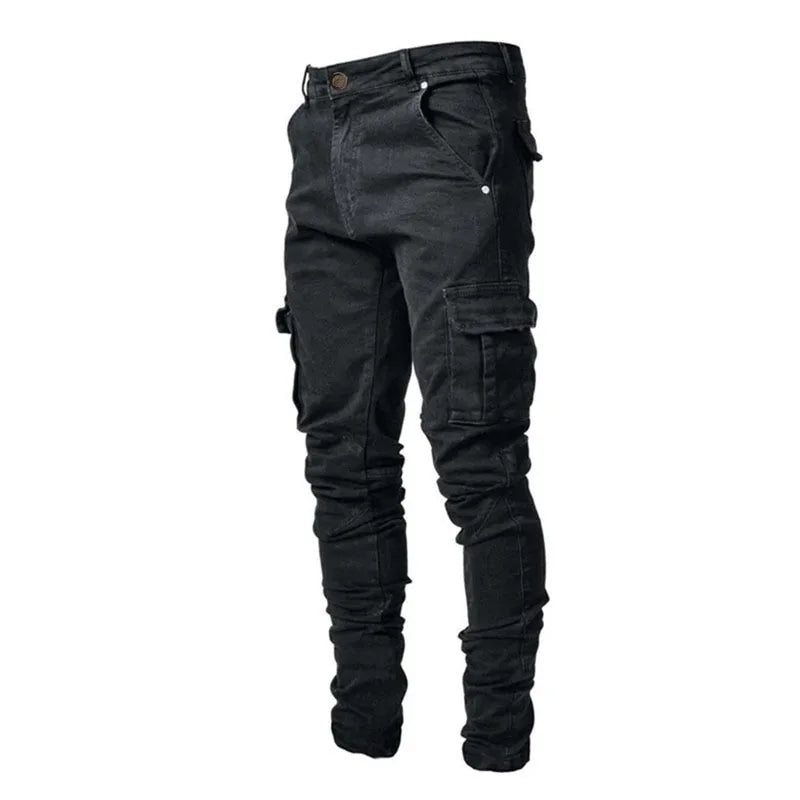 Street Elastic Jeans Men Denim Cargo Pants Wash Solid Color Multi Pockets Casual Mid Waist Trousers Slim Fit Daily Wear Joggers