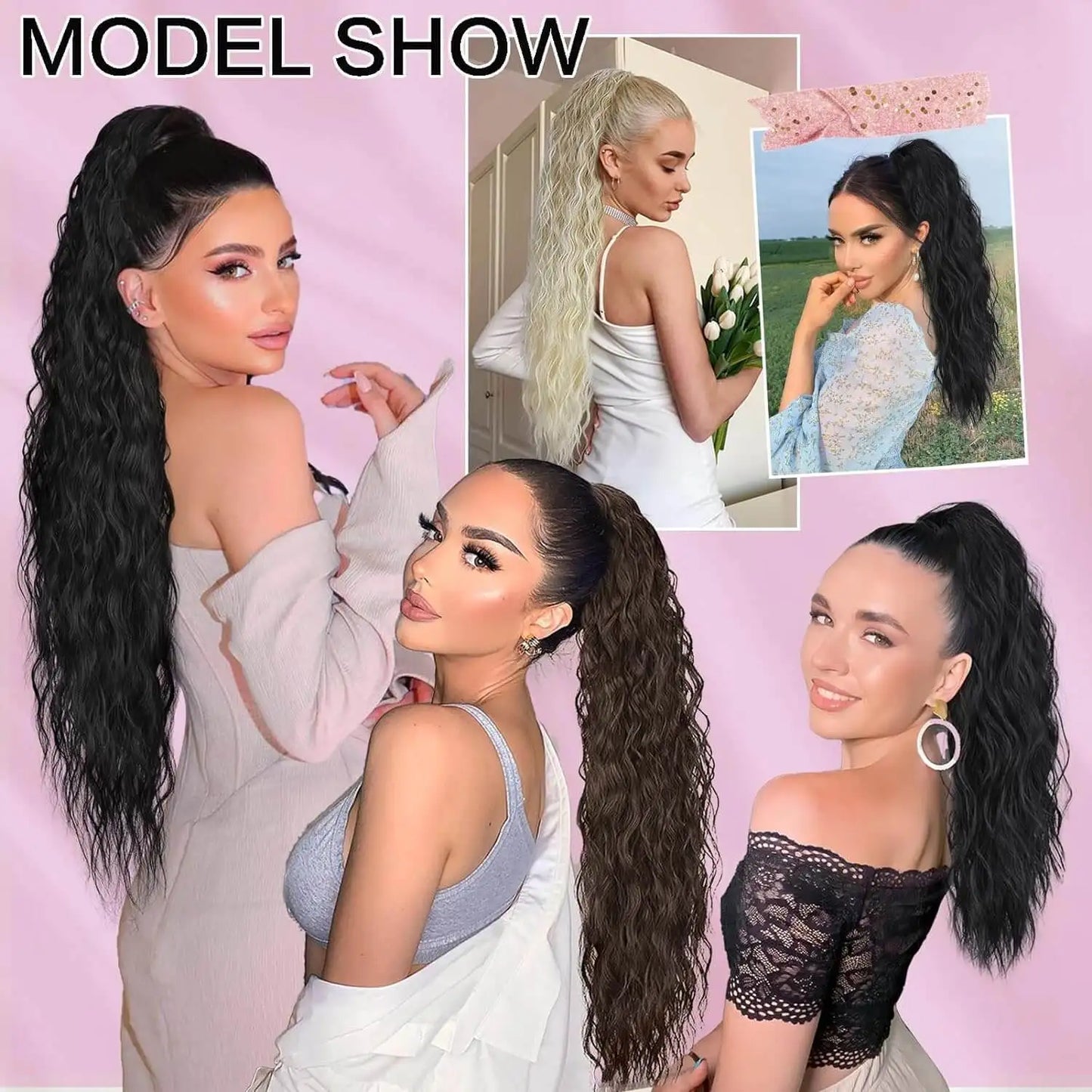 26inch Synthetic Long Curly Wavy Ponytail Extension Drawstring Ponytail Hair Extensions for Women Hairpiece for Daily Use Party