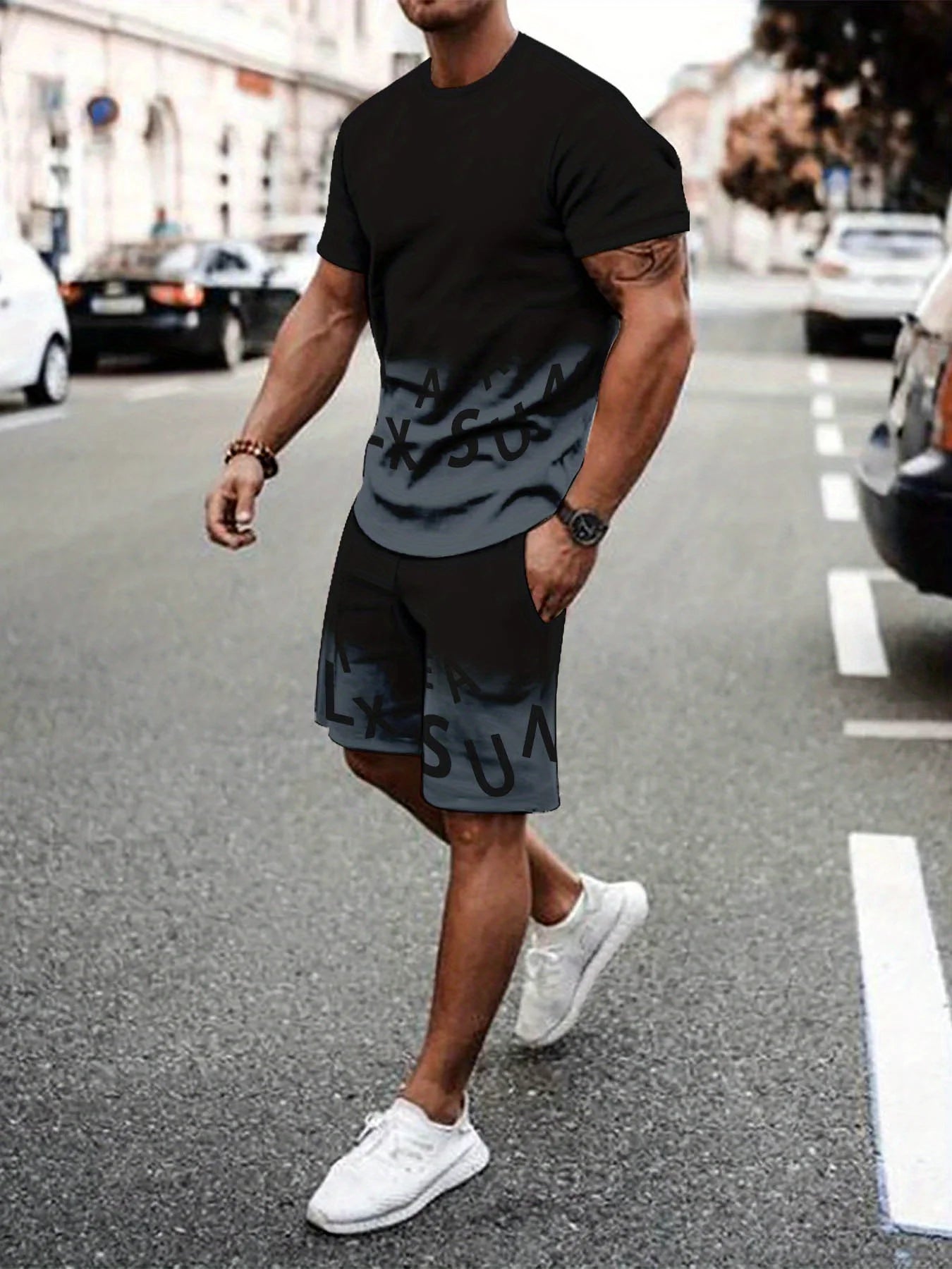 Fashionable new men's summer letter gradient print comfortable breathable round neck T-shirt shorts set outdoor casual clothing