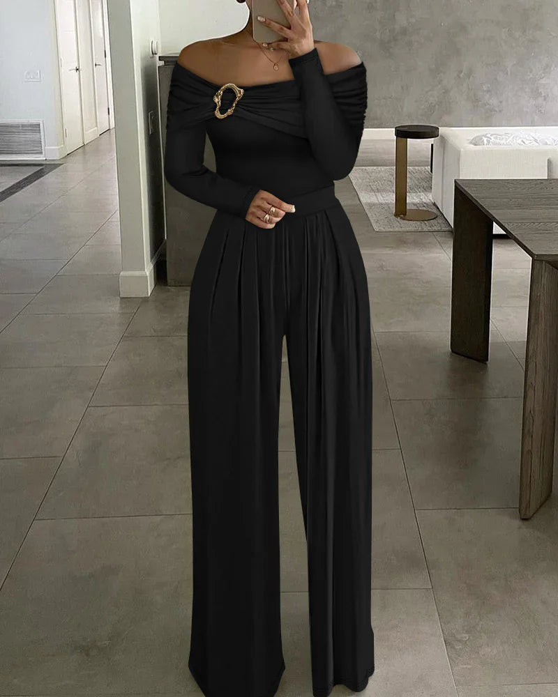 New Elegant Pure Color Off-Shoulder Long Sleeve Women's Romper Fashionable And Stylish Monochromatic Ladies' Dress