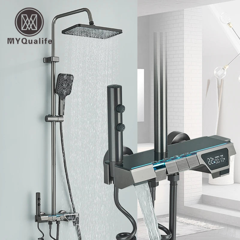 Gun Gray LCD Digital Shower Set  Bathroom Hot Cold Control Multi-angle Adjust Flushing  Shower System Wall Mounted