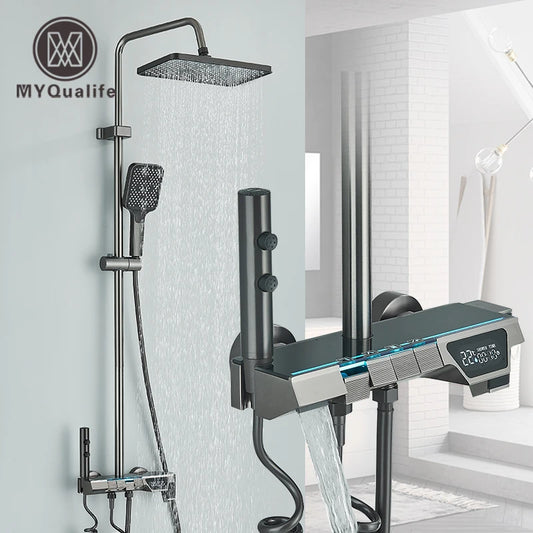 Gun Gray LCD Digital Shower Set  Bathroom Hot Cold Control Multi-angle Adjust Flushing  Shower System Wall Mounted