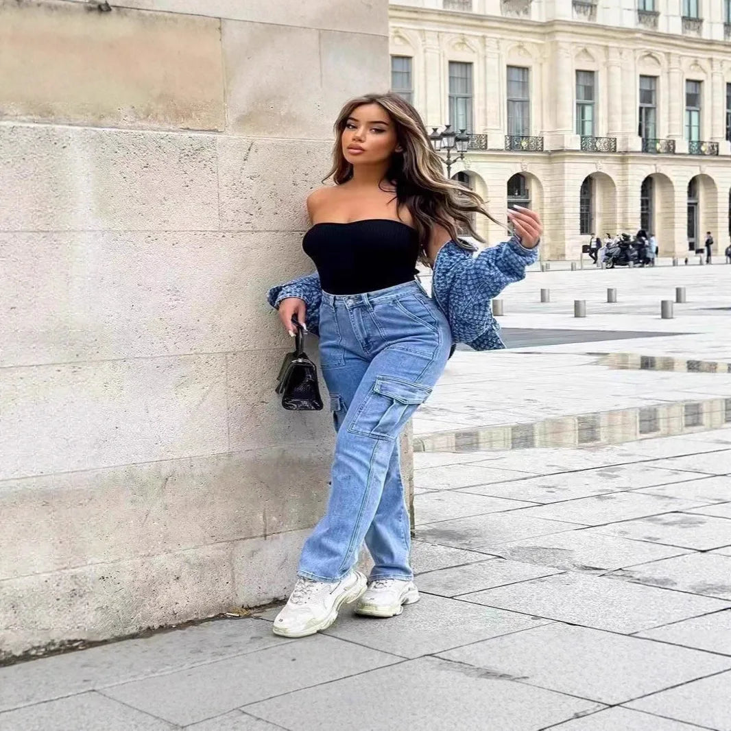 Trendy High Waist Women's Denim Work Pants Multiple Pockets Straight Leg High Street Fashion Casual Long Jeans