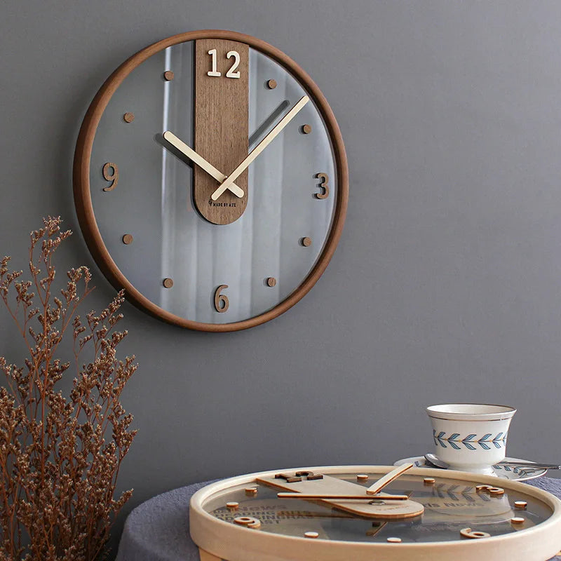 Modern Transparent Glass Wall Clock 3D Digital Minimalist Silent Wooden Clocks Living Room wall decoration items 12inchs Watch