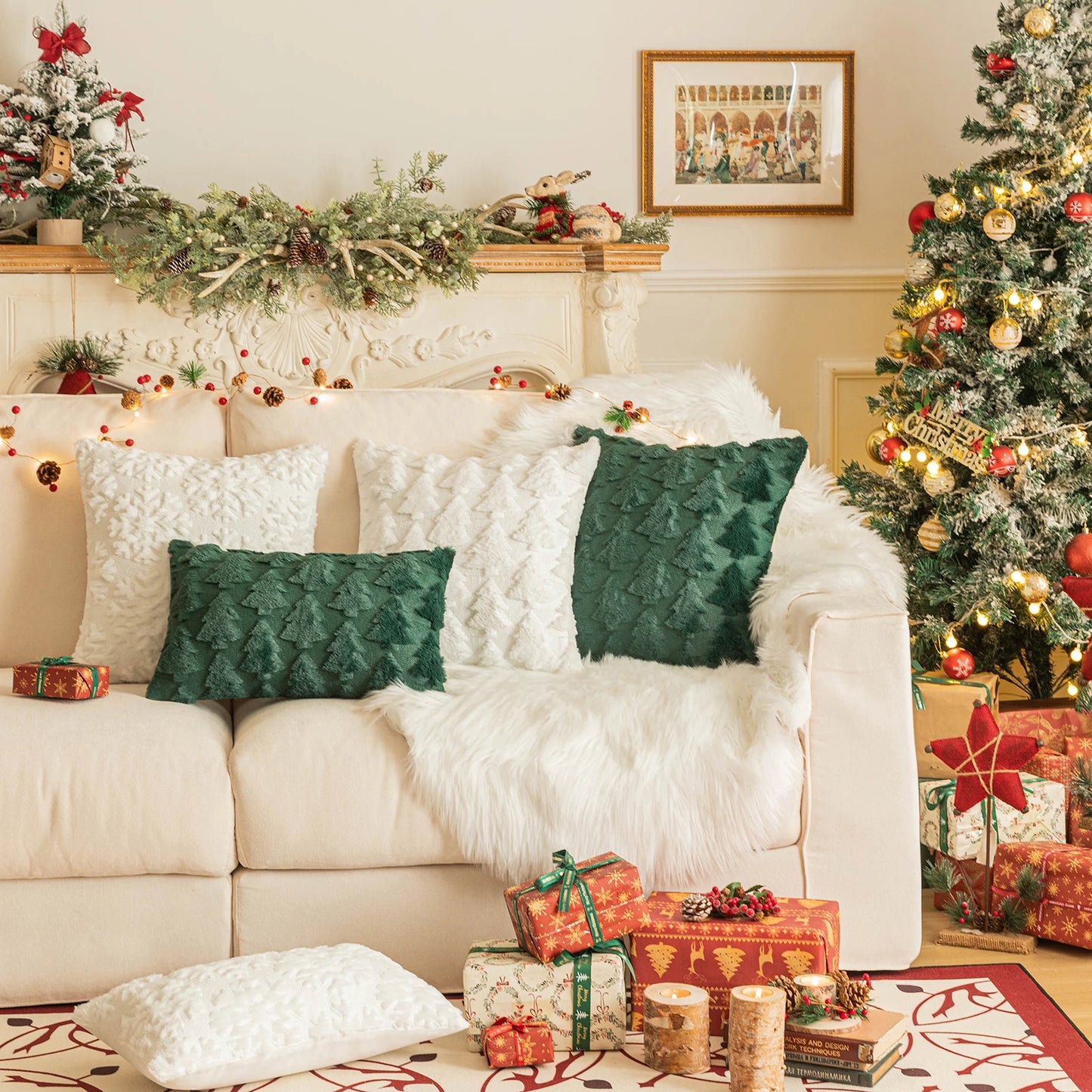 1/2 Pack Christmas Tree Square Throw Pillow Cases Snowflake Shaggy Plush PillowCases Embroidered Sofa Cushion Cover Home Decor