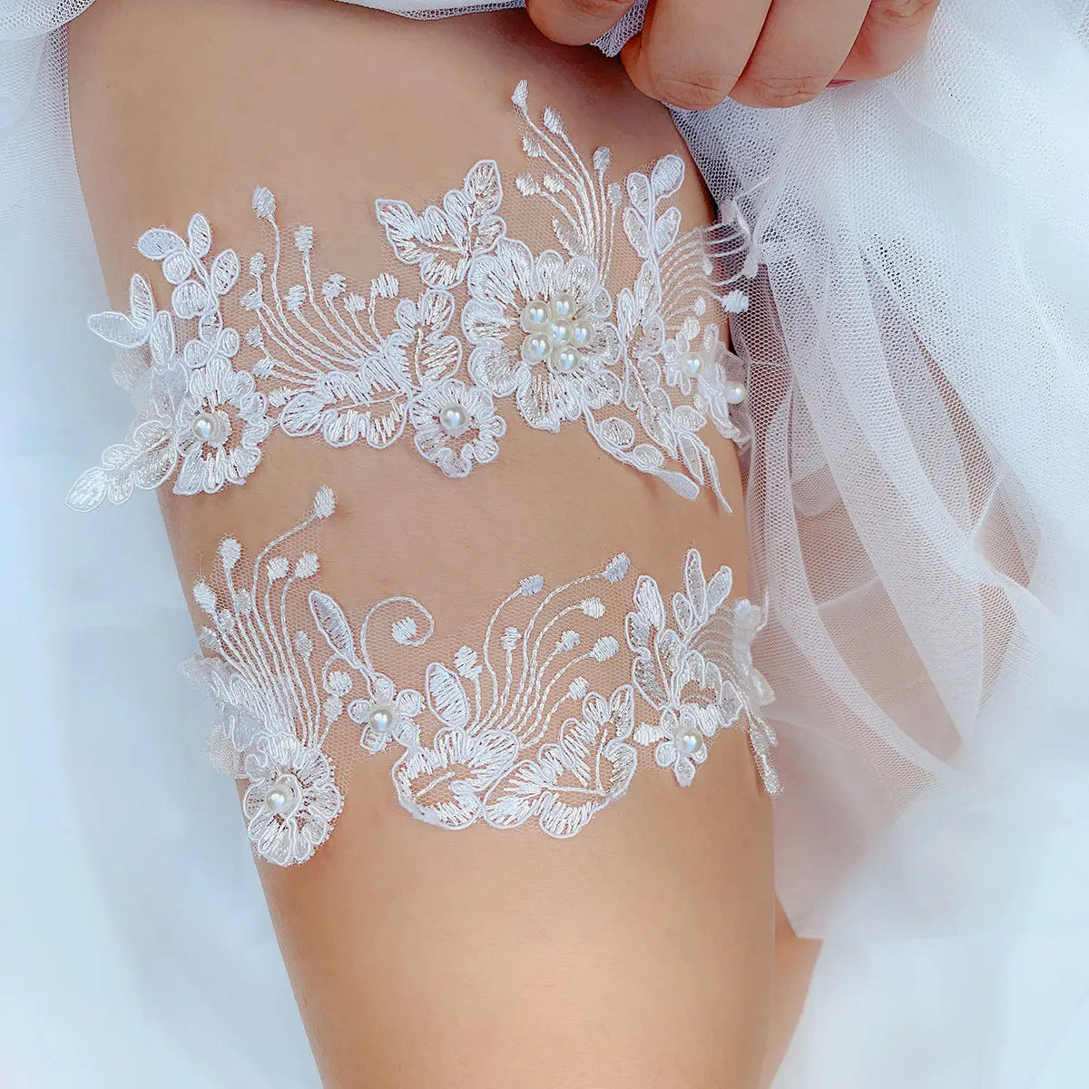 Wedding Garter Embroidery Flower PearlsWhite Sexy Garters for Women/Female/Bride Thigh Ring Bridal Leg Garter