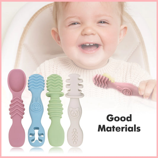 Silicone Baby Spoons Self Feeding 6+ Months - Infant Toddler Utensils - First Stage Baby Led Weaning Feeding Supplies - 4 Pack