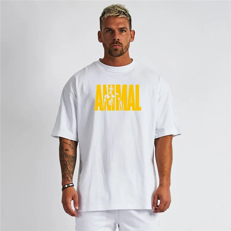 ANIMAL Letter Printed Summer Mens Oversized Half Sleeve T Shirt Cotton O Neck Casual Gym Clothing Fitness Loose Sports T-shirt