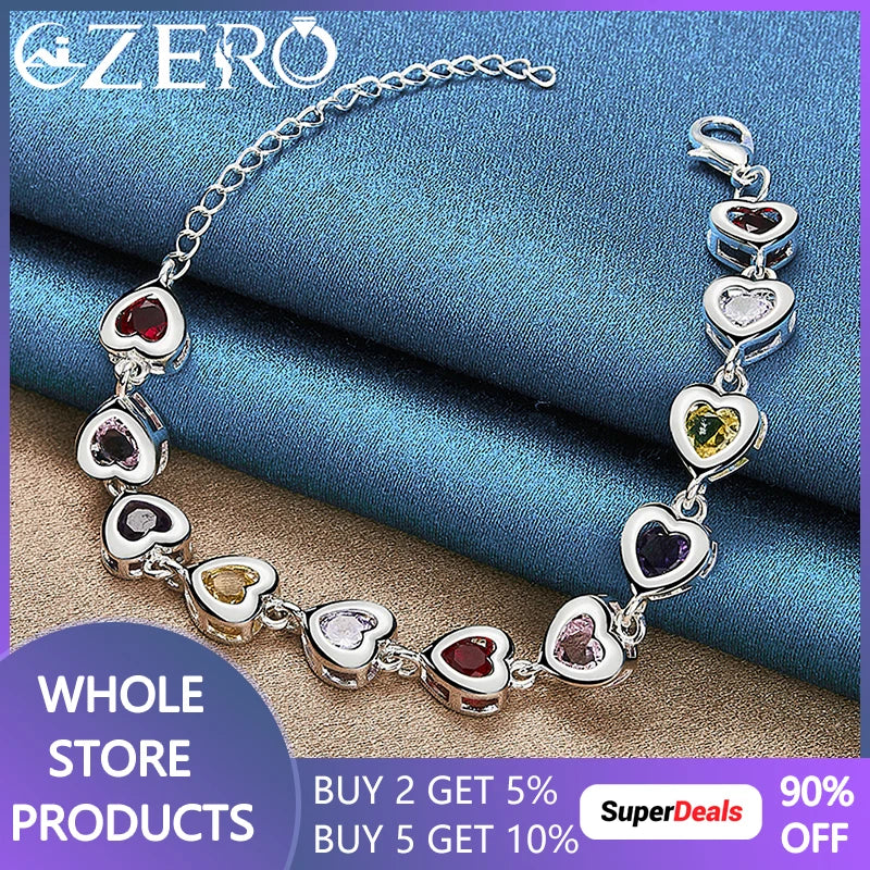 Hot 925 Sterling Silver Heart Multi-Color Crystal Chain Bracelet For Women Fashion Wedding Party Jewelry Valentine'S Day Gift
