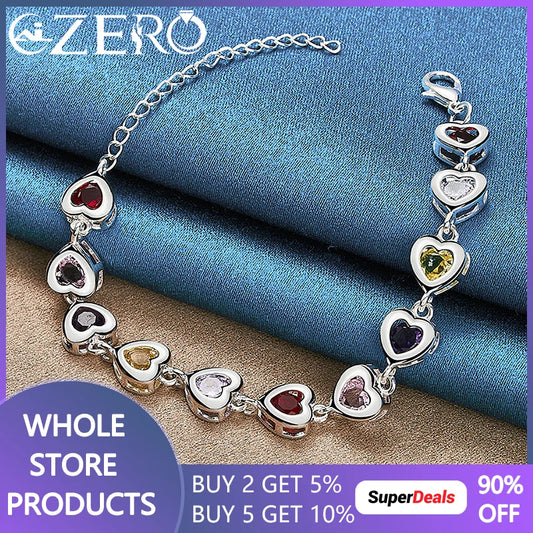 Hot 925 Sterling Silver Heart Multi-Color Crystal Chain Bracelet For Women Fashion Wedding Party Jewelry Valentine'S Day Gift