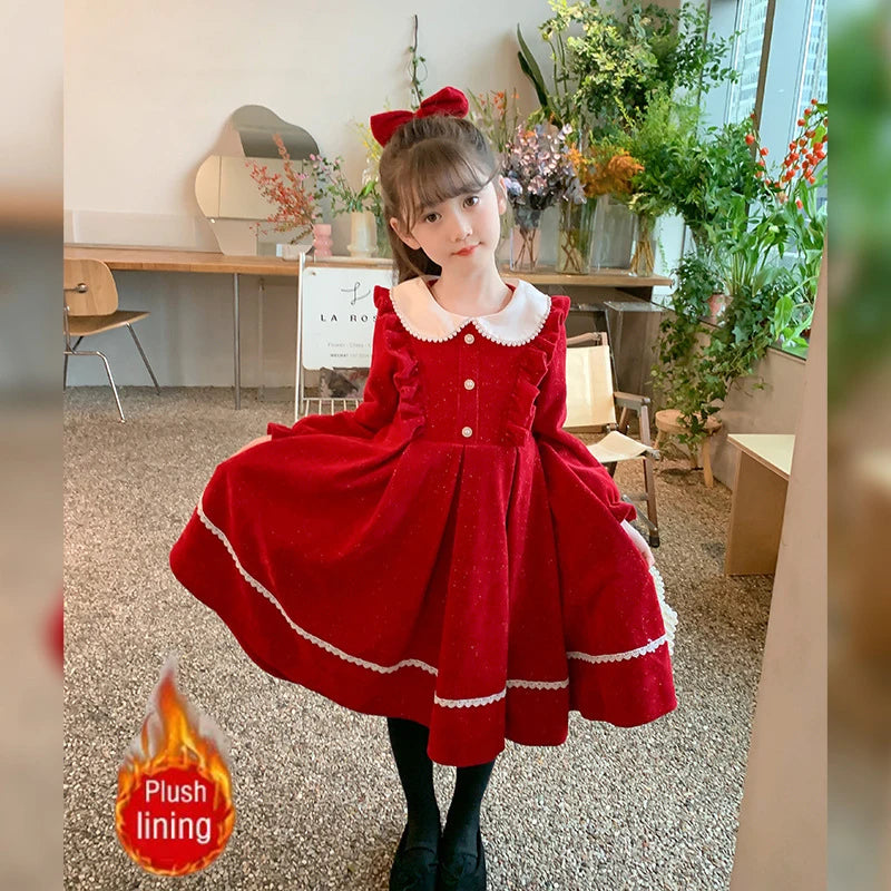 Young Girls' Winter Princess Clothes Red Thickened Velvet Dresses Baby Girl One-piece New Year's Birthday Party Corduroy Dress ‌