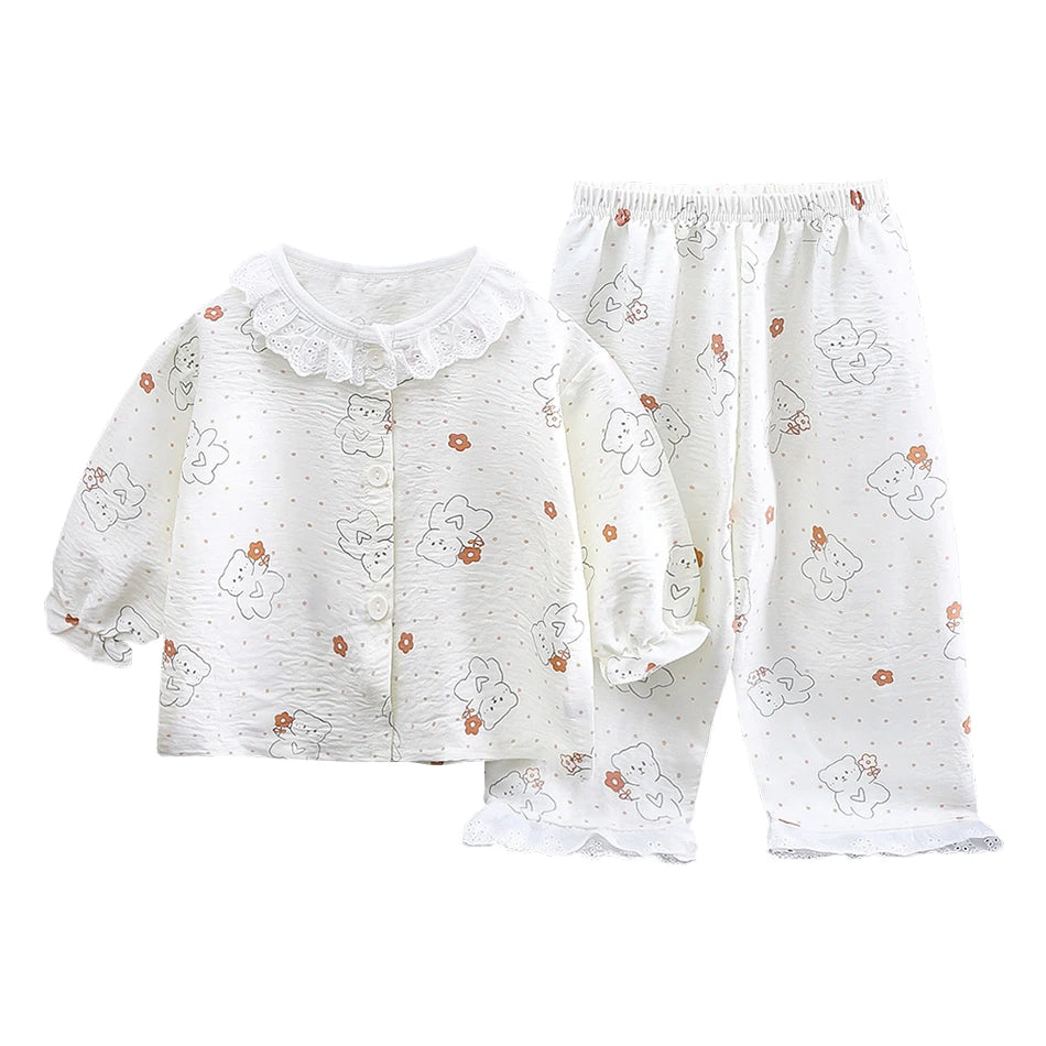 2025 Girl Sleepwear Summer Children Cartoon Lace Ruffles Pajamas Two Piece Set Outfit Casual Loose Home Wear Comfy Kids Clothing