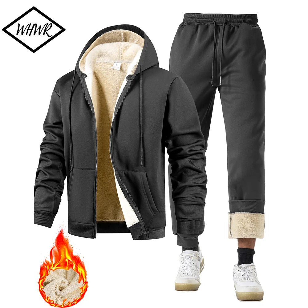 Men's Suit Two-Piece Tracksuit Plush Thickened Warm Sports Jacket+Trousers Sports Suit Winter Outdoor Casual Hoodie Sportswear
