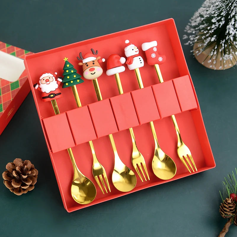 2/4/6pcs Christmas Gift Spoon Forks Set Stainless Steel Cutlery Tableware Decoration Coffee Tea Dessert Scoop 2025 New Year Home