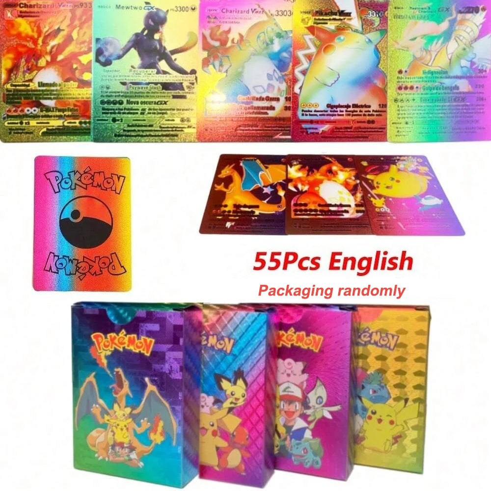 27-55Pcs Pokemon 3D Cards Colorful Shining English Spanish Vmax Gx Charizard Pikachu Trading Collection Battle Card Toys Gifts
