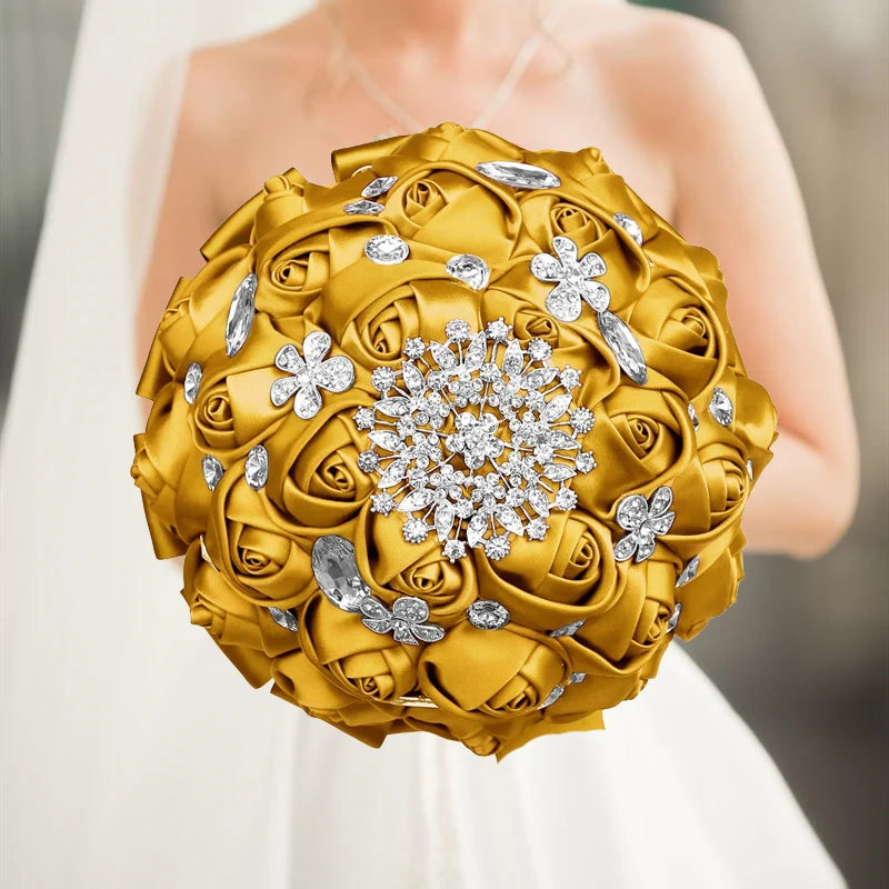 1pc/lot Gold Bridal Wedding Bouquet  Satin Rose Artificial Flowers Wedding Bouquet de novia On Sale