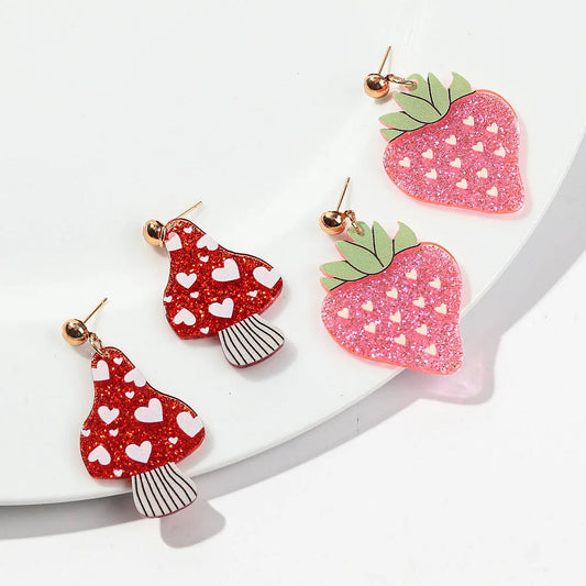 Glitter Pink Strawberry Acrylic Drop Earrings for Women New Cute Red Mushroom Drop Earring Trendy Jewelry Valentine's Day Gifts