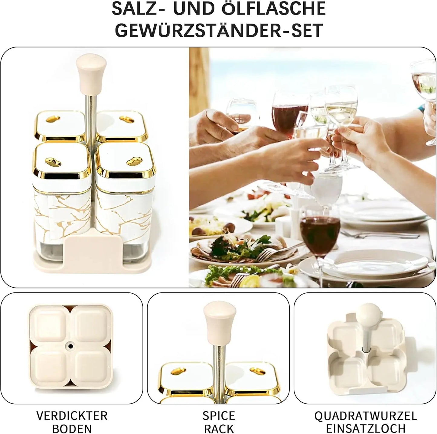 Set of 4 Spice Jars, Square Spice Jar 360° Swivel Spice Hole Lid with Non-Slip Base, Kitchen Storage and Organisation