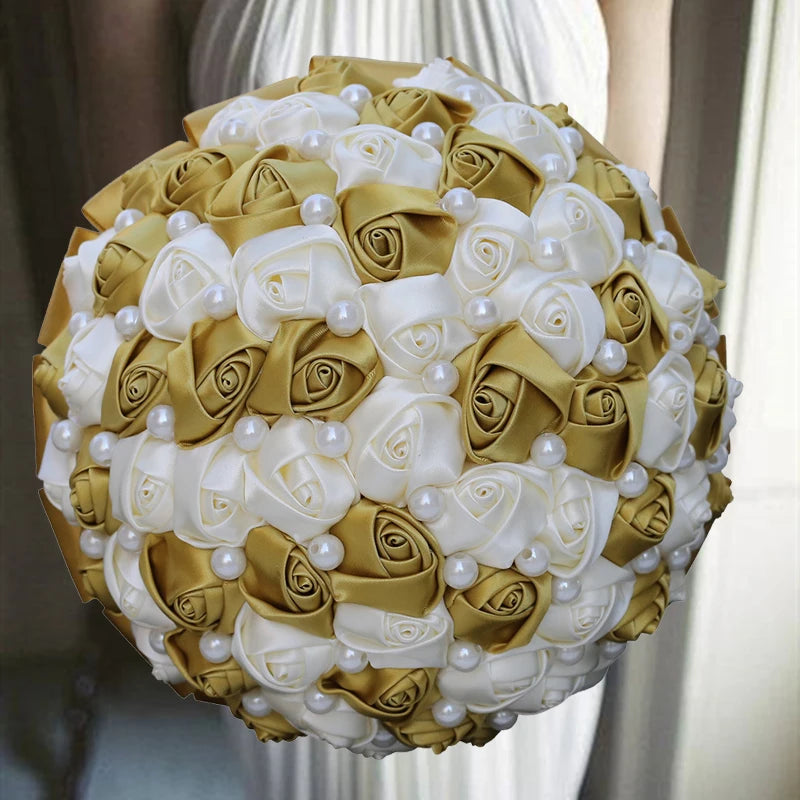 1pc/lot Gold Bridal Wedding Bouquet  Satin Rose Artificial Flowers Wedding Bouquet de novia On Sale