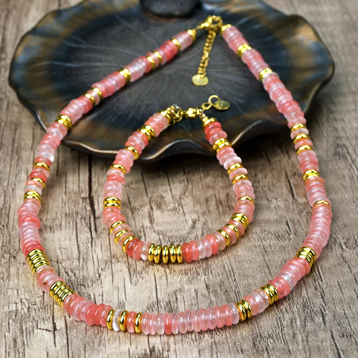 Yumfeel 2PCS Necklace Bracelet Set Bohemia Colorful Natural Stone Beaded Handmade Women Jewelry Gift Summer Vacation Surf Decor