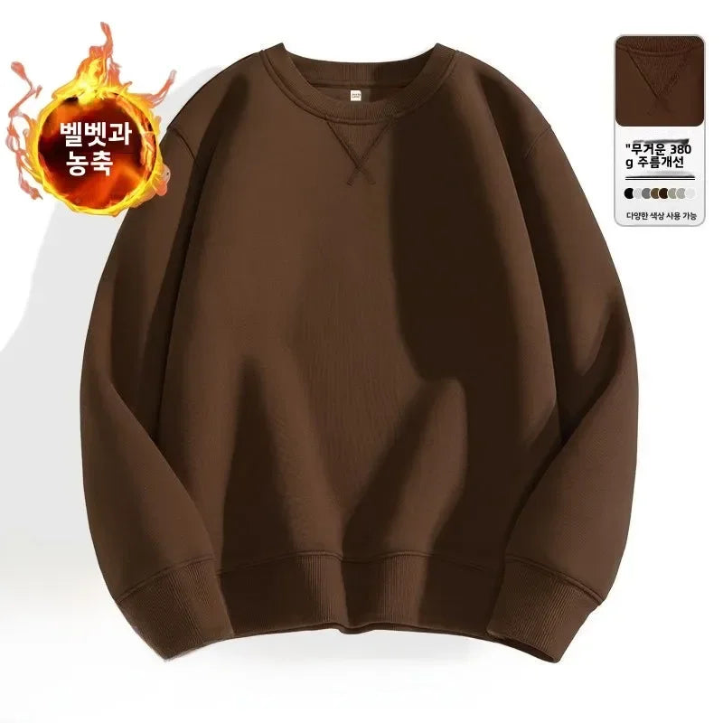 Thickened Fleece Hoodless Sweatshirt Men's Round Neck Winter Casual Loose Fit Cotton Polyester Long Sleeve Self Heating