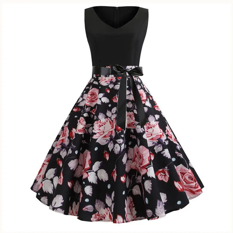 Women Summer Dress Casual Floral Print Retro Vintage Dresses Sleeveless High Waist Elegant Office Ladies Party Sundress