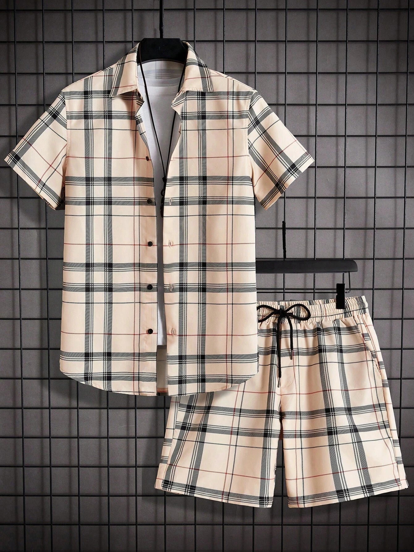 Street Casual Men's Suit Personalized Fashion Plaid Printed Pattern Short Sleeve Lapel Shirt and Shorts Men's Two Piece Set