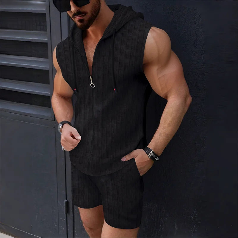 5 colors available for men's hooded sleeveless zipper plaid suit Slim fashion casual sports vest shorts two-piece set trendy top