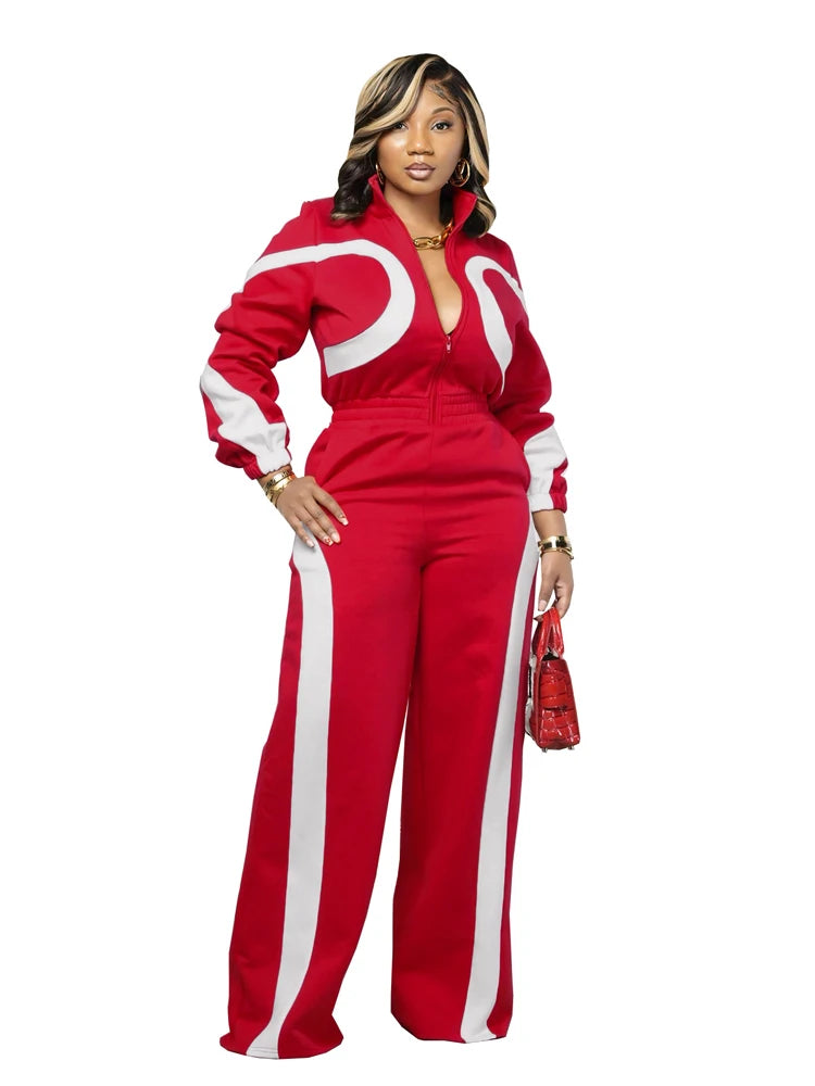 Fall Jumpsuit Woman Clothes 2025 New Fashion Color Block Sports Casual Long Sleeve Half Zipper Elastic Waist Rompers Streetwear