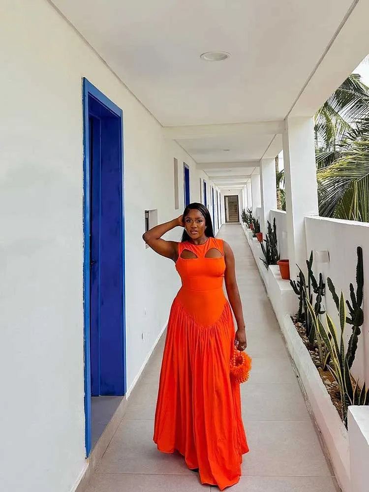 Long Summer Woman Dress Hollow Out Knitted Maxi Dress Beautiful Orange Dress for Women Elegant Party Wholesale Dropshipping