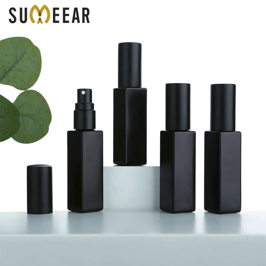 30/50PCS 10ml electroplated black square thick glass perfume bottles, aluminum nozzle fine mist, sturdy, durable, reusable.