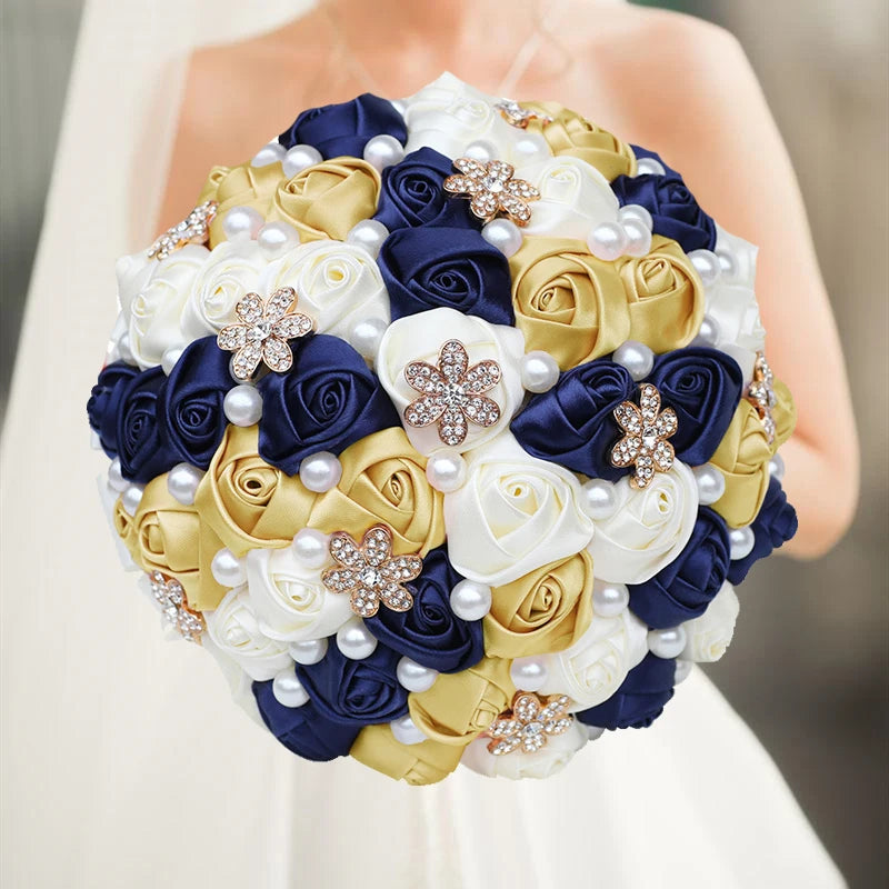 1pc/lot Gold Bridal Wedding Bouquet  Satin Rose Artificial Flowers Wedding Bouquet de novia On Sale
