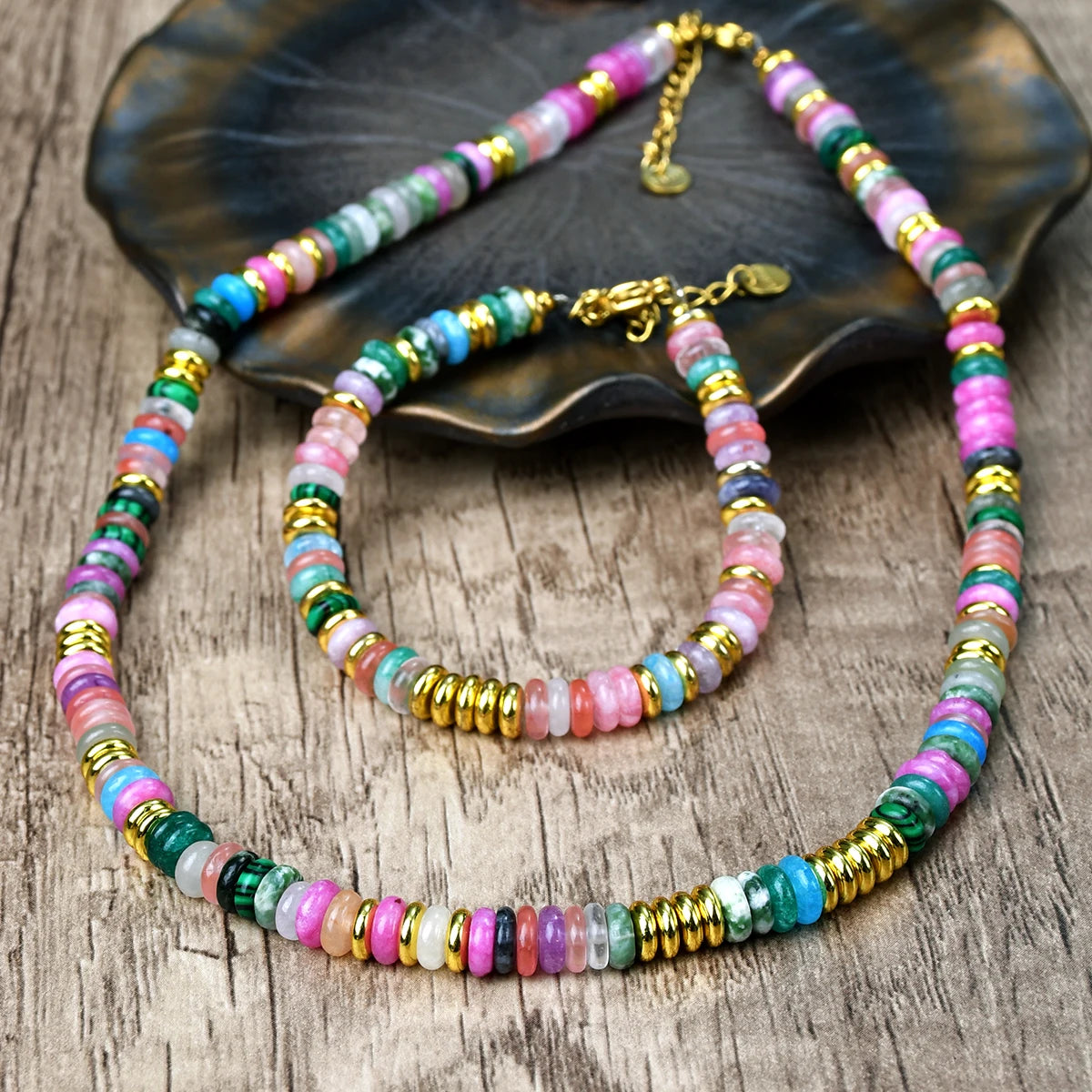 Yumfeel 2PCS Necklace Bracelet Set Bohemia Colorful Natural Stone Beaded Handmade Women Jewelry Gift Summer Vacation Surf Decor