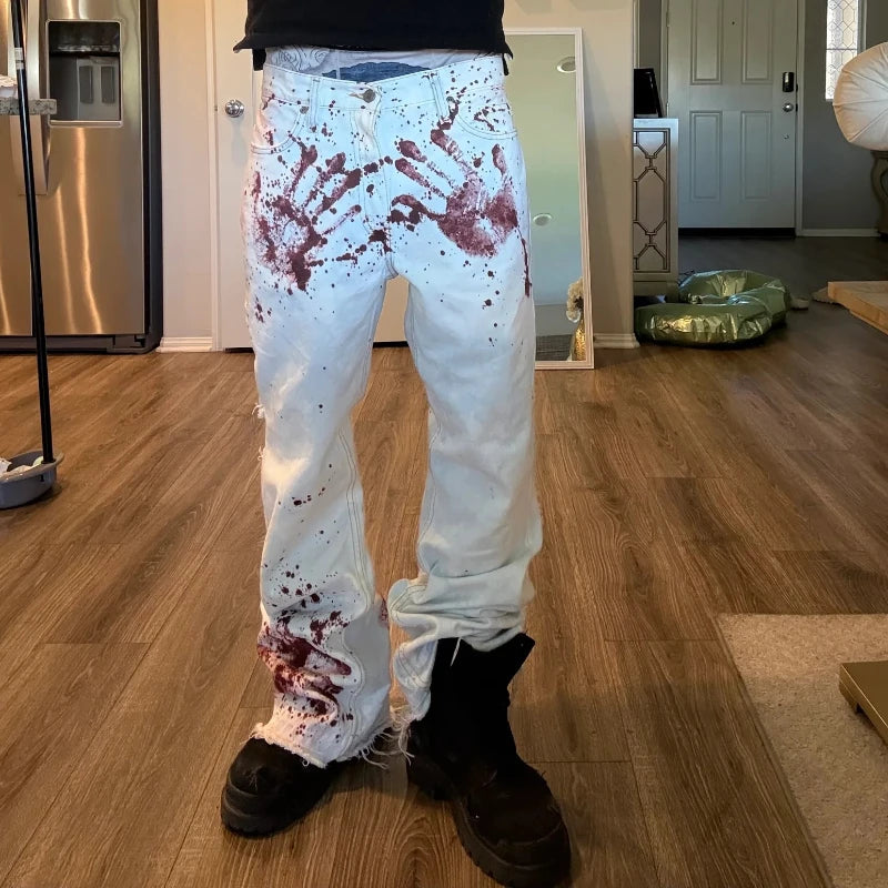 Y2K Harajuku White Horror Blood Handprint Print Jeans for Men And Women Retro Fashion High Street Hip Hop Loose Casual Pants