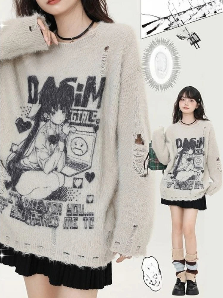2000s American Vintage Casual Loose O Neck Long Sleeve Autumn Sweaters Y2k Harajuku Kawaii Print Anime Pullovers Subculture Chic