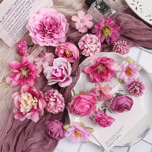 Artificial Flowers Head Silk Fake Flowers for Home Decor Wedding Marriage Decoration Bride DIY Craft Gifts Garland Accessories