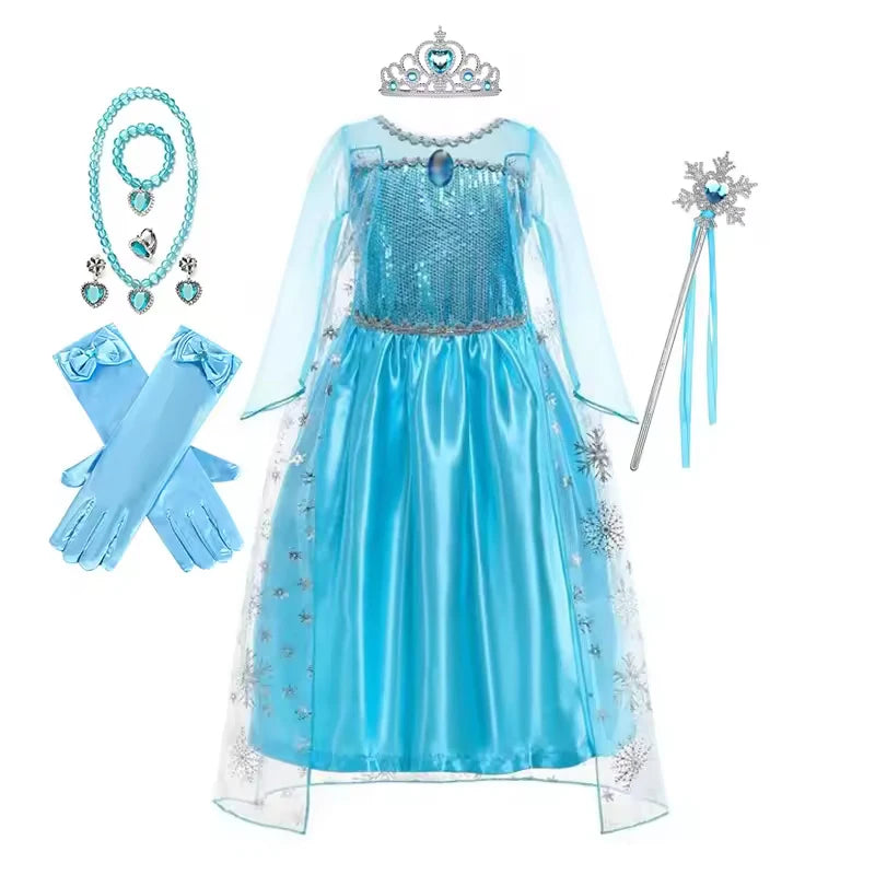 Disney Frozen Girls Cospaly Snow Queen Elsa Cape Costumes Kids Carnival Party Prom Gown Children Clothes Elsa Princess Dresses