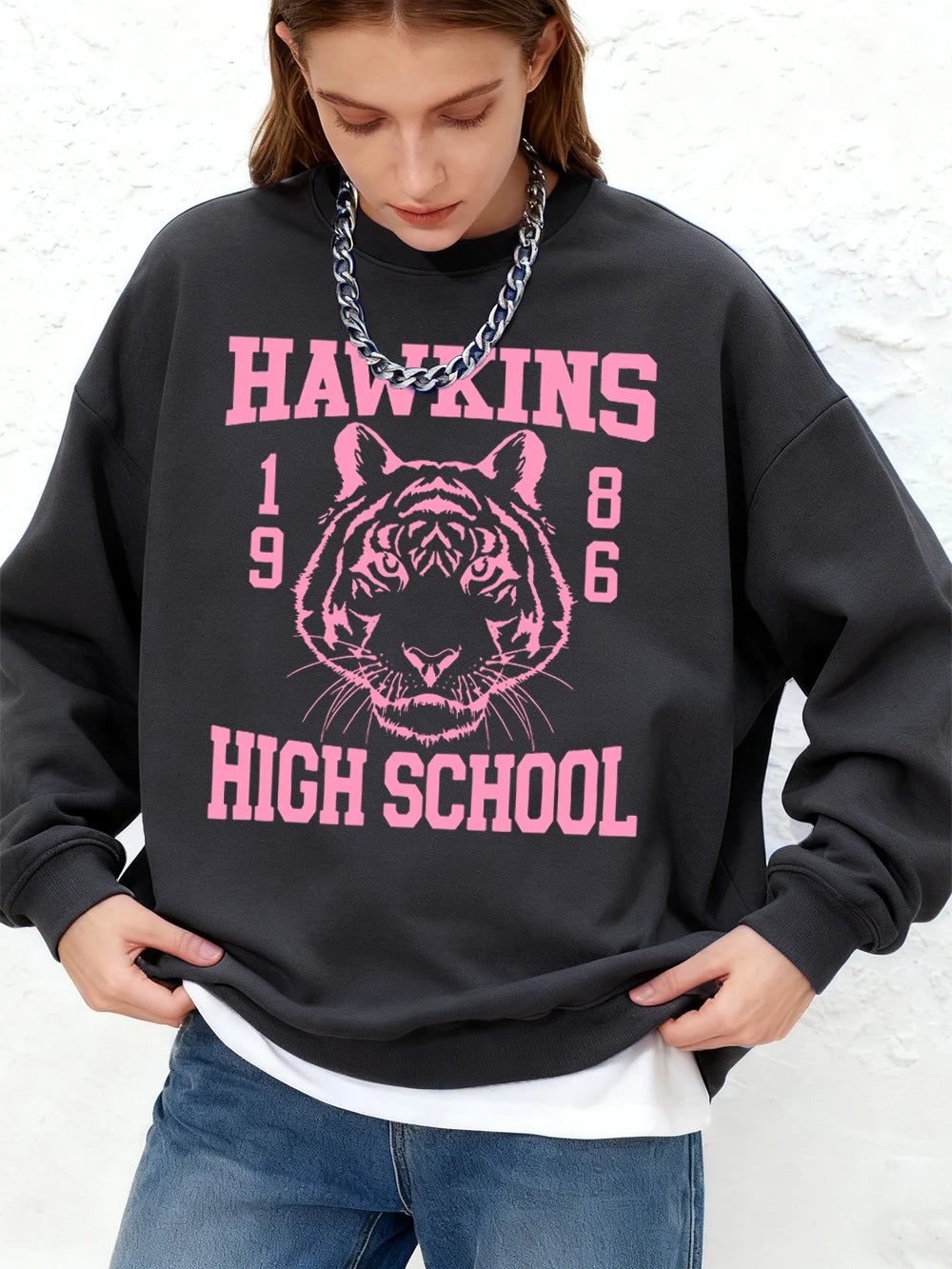 Hawkins High School 1986 Prints Sweatshirts Womens Winter Loose Hoodies Fleece Warm Jogger Tops Basics Casual Crewneck Clothes