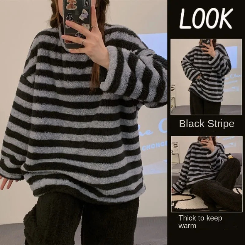2PCS/Set Padded Thickened Warm Fall and Winter Long-Sleeved Soft Pajamas Women Flannel Outside Striped Flannel Homewear Large