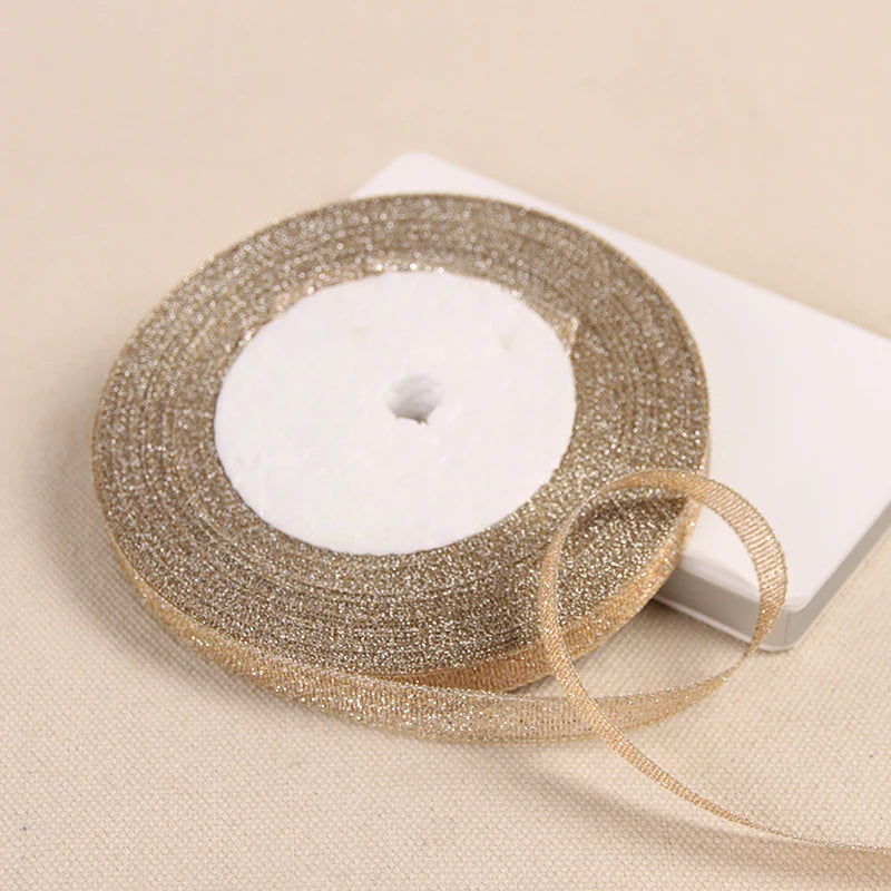 1/4" (6mm) 25yards Gold Silver Metallic Glitter Ribbons For DIY Crafts Sewing Fabric Christmas Party Wedding Supplies Gift Wrap