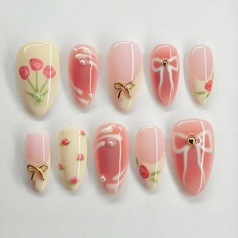 24Pcs Pink Square Fake Nails Women Valentine's Day Short Ballet Press On Nails French False Nails Bowknot/Lip/Love Heart Decor