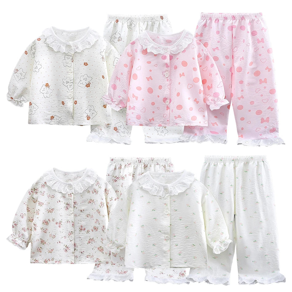 2025 Girl Sleepwear Summer Children Cartoon Lace Ruffles Pajamas Two Piece Set Outfit Casual Loose Home Wear Comfy Kids Clothing