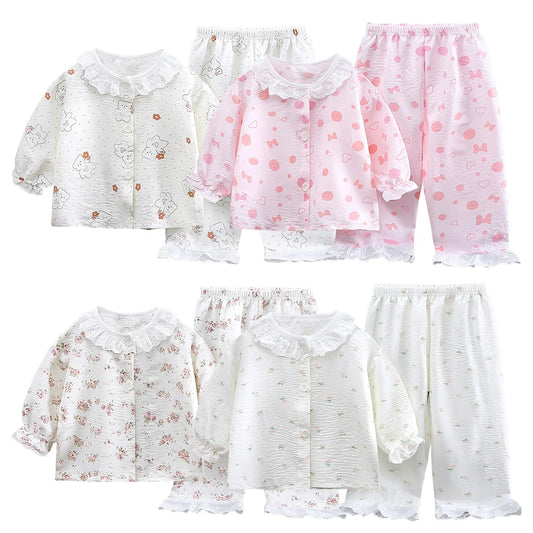 2025 Girl Sleepwear Summer Children Cartoon Lace Ruffles Pajamas Two Piece Set Outfit Casual Loose Home Wear Comfy Kids Clothing