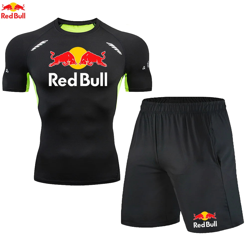 Red BullRashguard Short Sleeve T Shirts Shorts Suits Men Tracksuit Gym Boxing Jerseys Compression Shirt Fitness Running Training