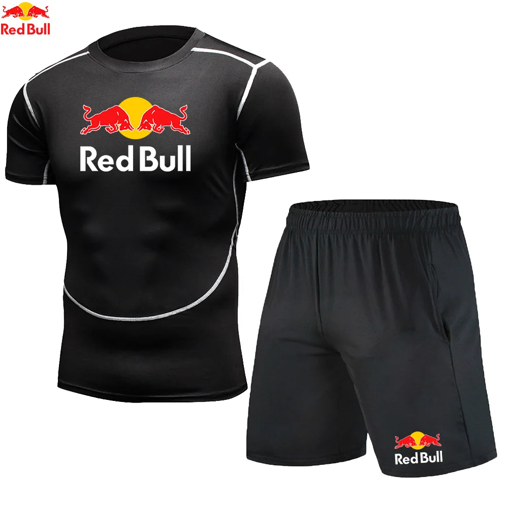 Red BullRashguard Short Sleeve T Shirts Shorts Suits Men Tracksuit Gym Boxing Jerseys Compression Shirt Fitness Running Training