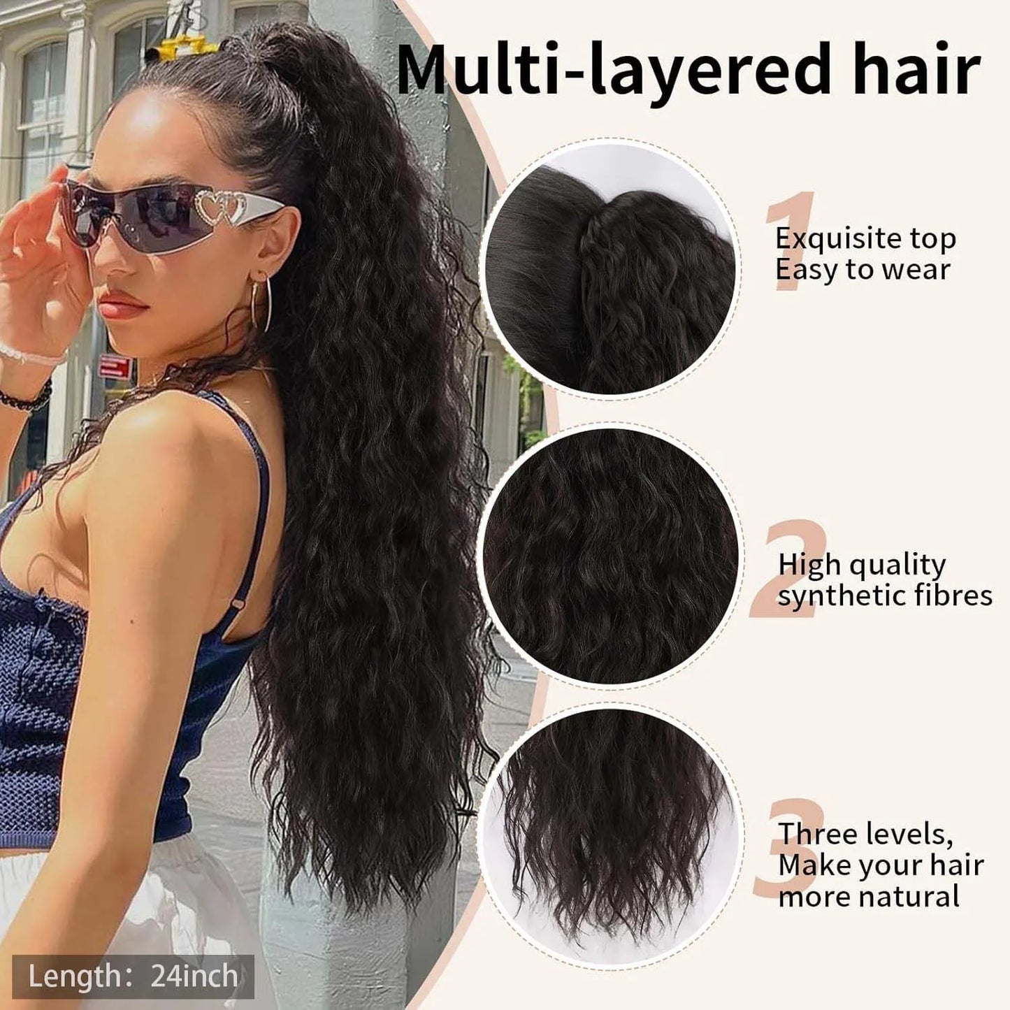 Synthetic 24inch Long Curly Wavy Ponytail Extension Drawstring Ponytail Hair Extensions for Women Hairpiece for Daily Use Party