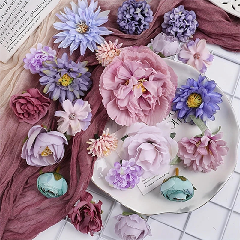 Artificial Flowers Head Silk Fake Flowers for Home Decor Wedding Marriage Decoration Bride DIY Craft Gifts Garland Accessories