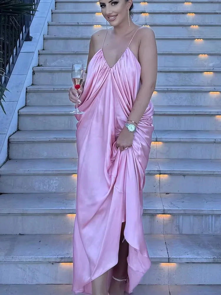 HH Summer Woman Holiday Dresses Party Midi Dress Women Elegant Silhouette Backless V-neck Pleated Design Chic Sexy Dresses